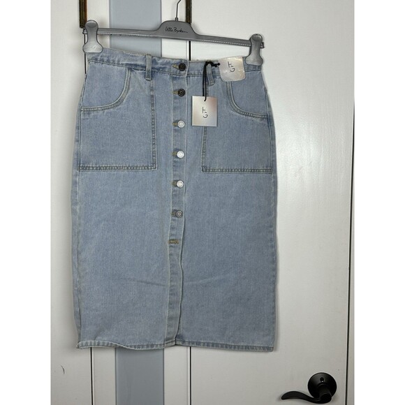 Happily Grey Dresses & Skirts - Happily Grey Jean Skirt Size 7 Full Button Front Woth Slipt Amd Pockets Blue NWT